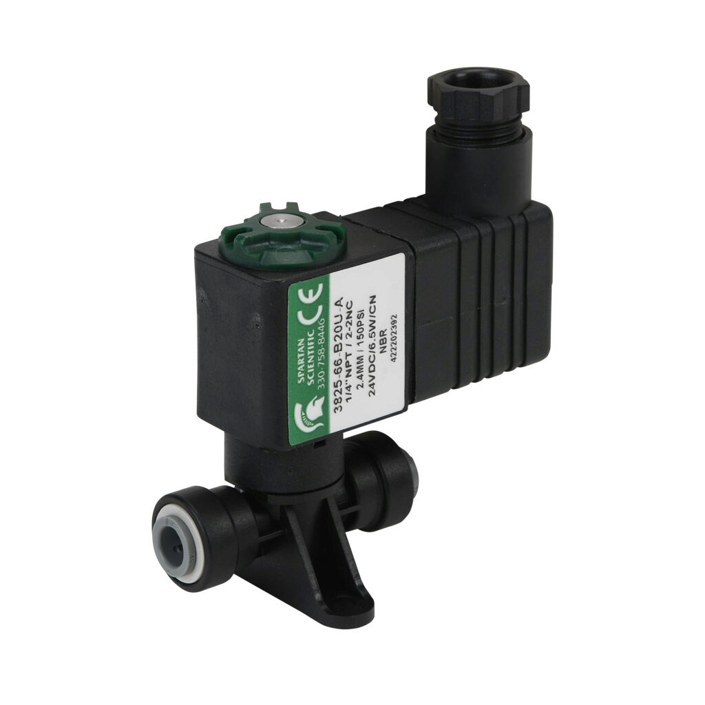 3825-66-B20U-A - Spartan solenoid valve, 2-way, 2-position, N.C., acetal body, FKM seal(s), 1/4in push-to-connect inlet(s), 1/4in push-to-connect outlet(s), Cv=0.24, vacuum minimum operating pressure, 24 VDC operating voltage, 11mm DIN style wirin...