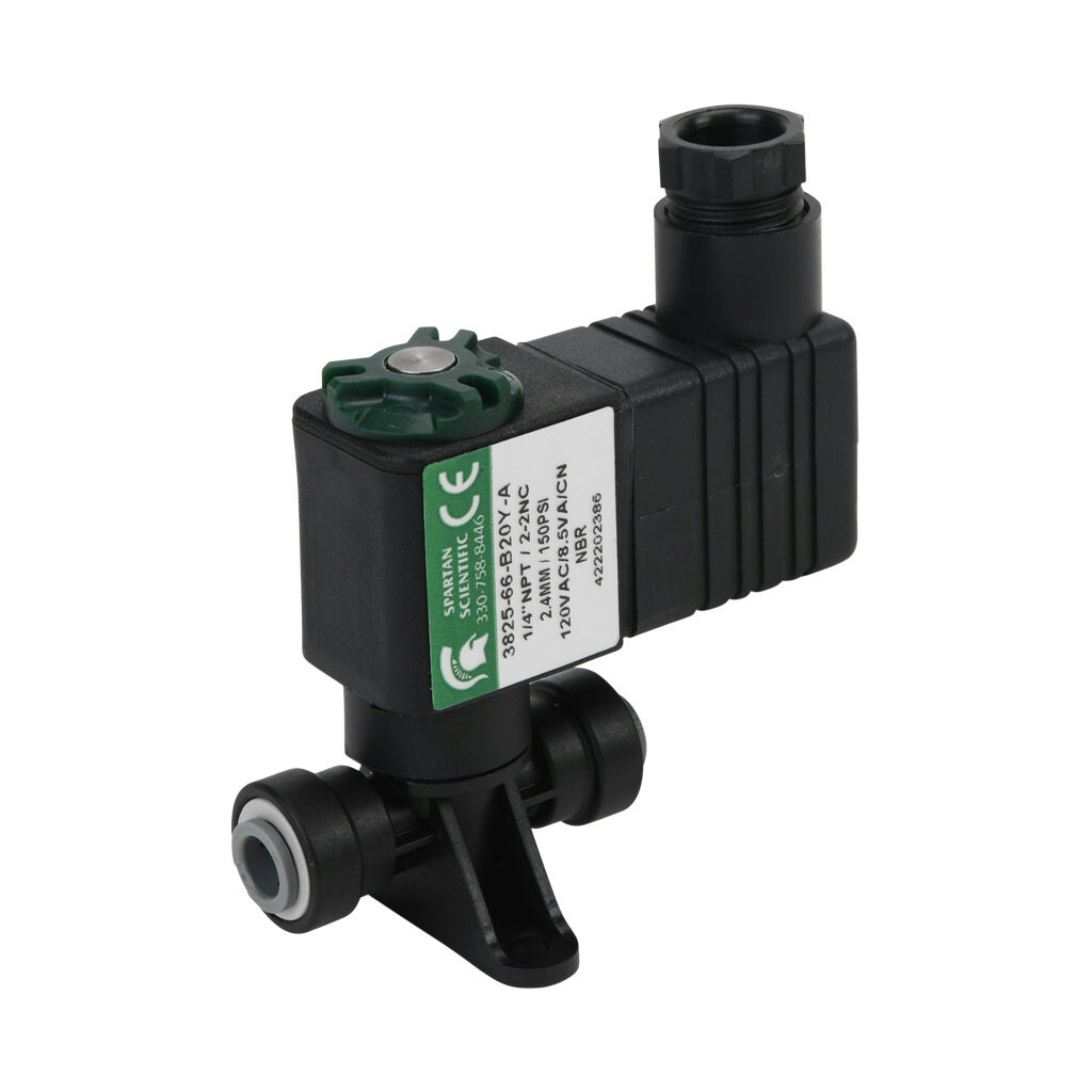 3825-66-B20Y-A - Spartan solenoid valve, 2-way, 2-position, N.C., acetal body, FKM seal(s), 1/4in push-to-connect inlet(s), 1/4in push-to-connect outlet(s), Cv=0.24, vacuum minimum operating pressure, 120 VAC operating voltage, 11mm DIN style wiri...