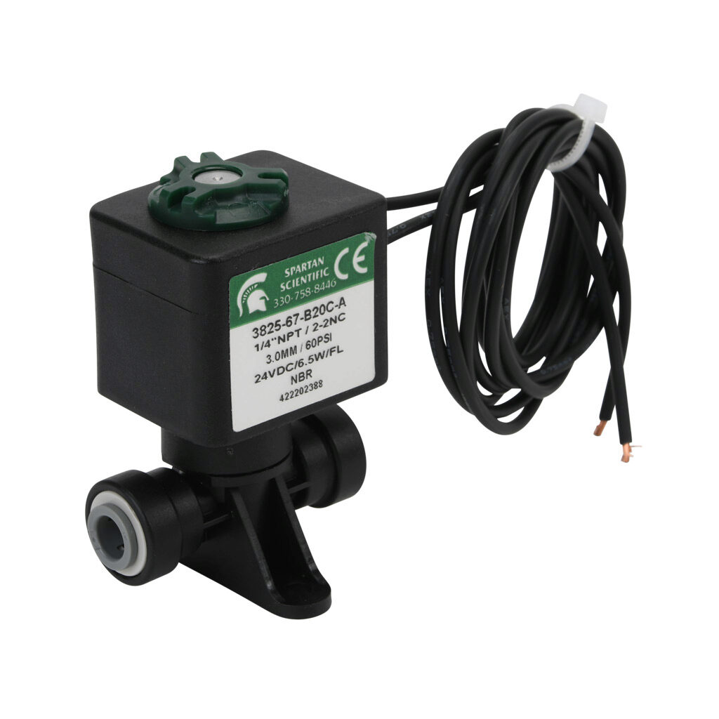 3825-67-B20C-A - Spartan solenoid valve, 2-way, 2-position, N.C., acetal body, FKM seal(s), 1/4in push-to-connect inlet(s), 1/4in push-to-connect outlet(s), Cv=0.31, vacuum minimum operating pressure, 24 VDC operating voltage, 18in 22 AWG pigtail.