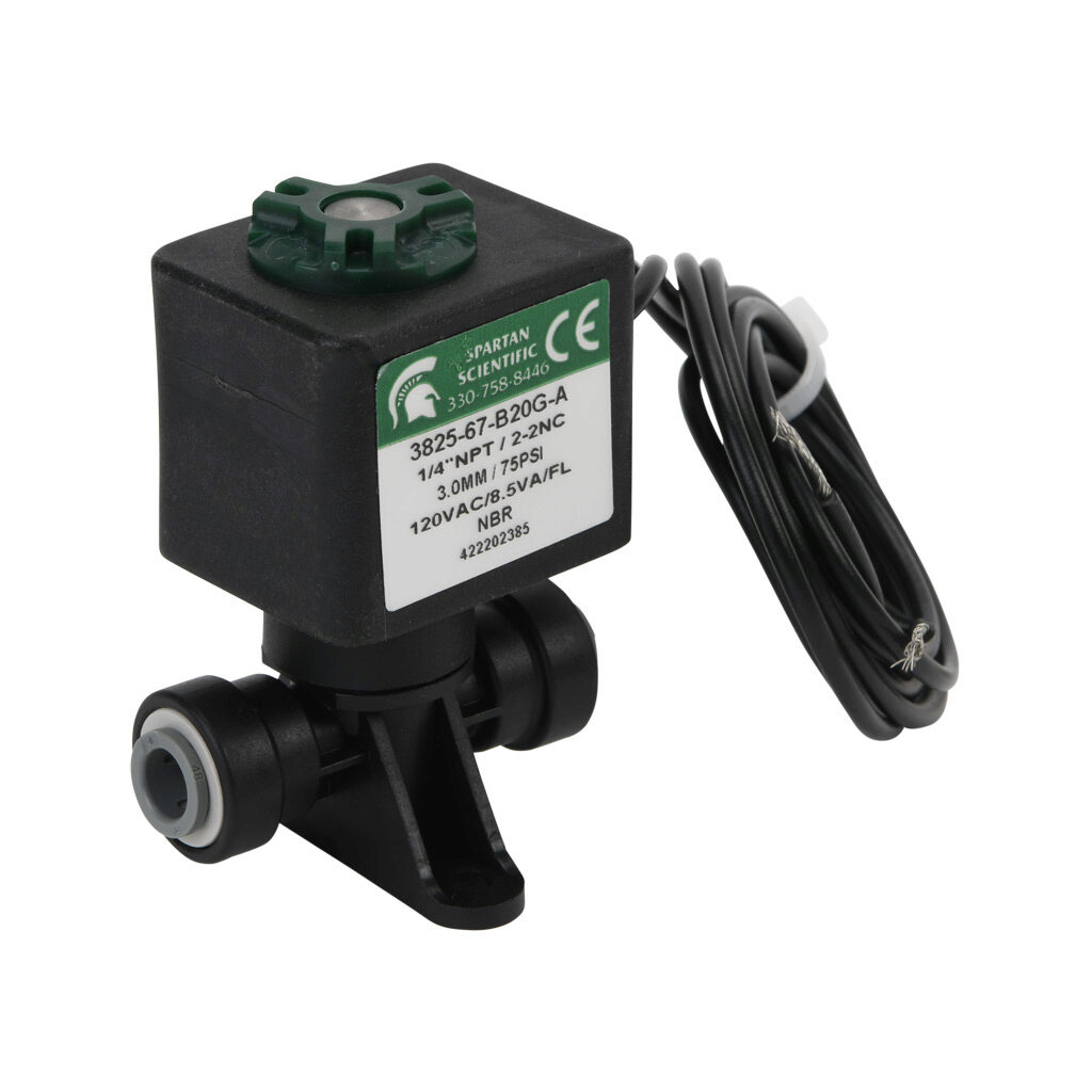 3825-67-B20G-A - Spartan solenoid valve, 2-way, 2-position, N.C., acetal body, FKM seal(s), 1/4in push-to-connect inlet(s), 1/4in push-to-connect outlet(s), Cv=0.31, vacuum minimum operating pressure, 120 VAC operating voltage, 18in 22 AWG pigtail.