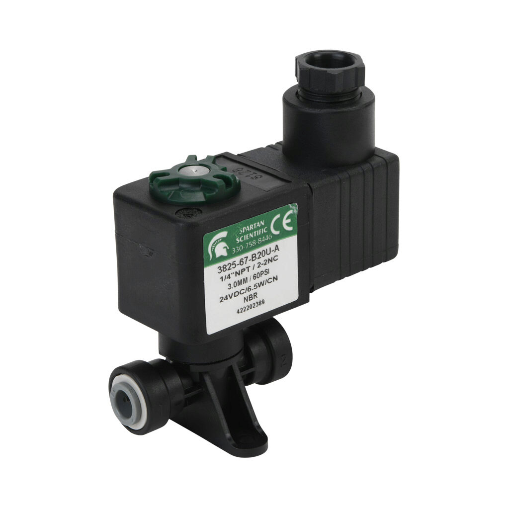 3825-67-B20U-A - Spartan solenoid valve, 2-way, 2-position, N.C., acetal body, FKM seal(s), 1/4in push-to-connect inlet(s), 1/4in push-to-connect outlet(s), Cv=0.31, vacuum minimum operating pressure, 24 VDC operating voltage, 18mm DIN style wirin...
