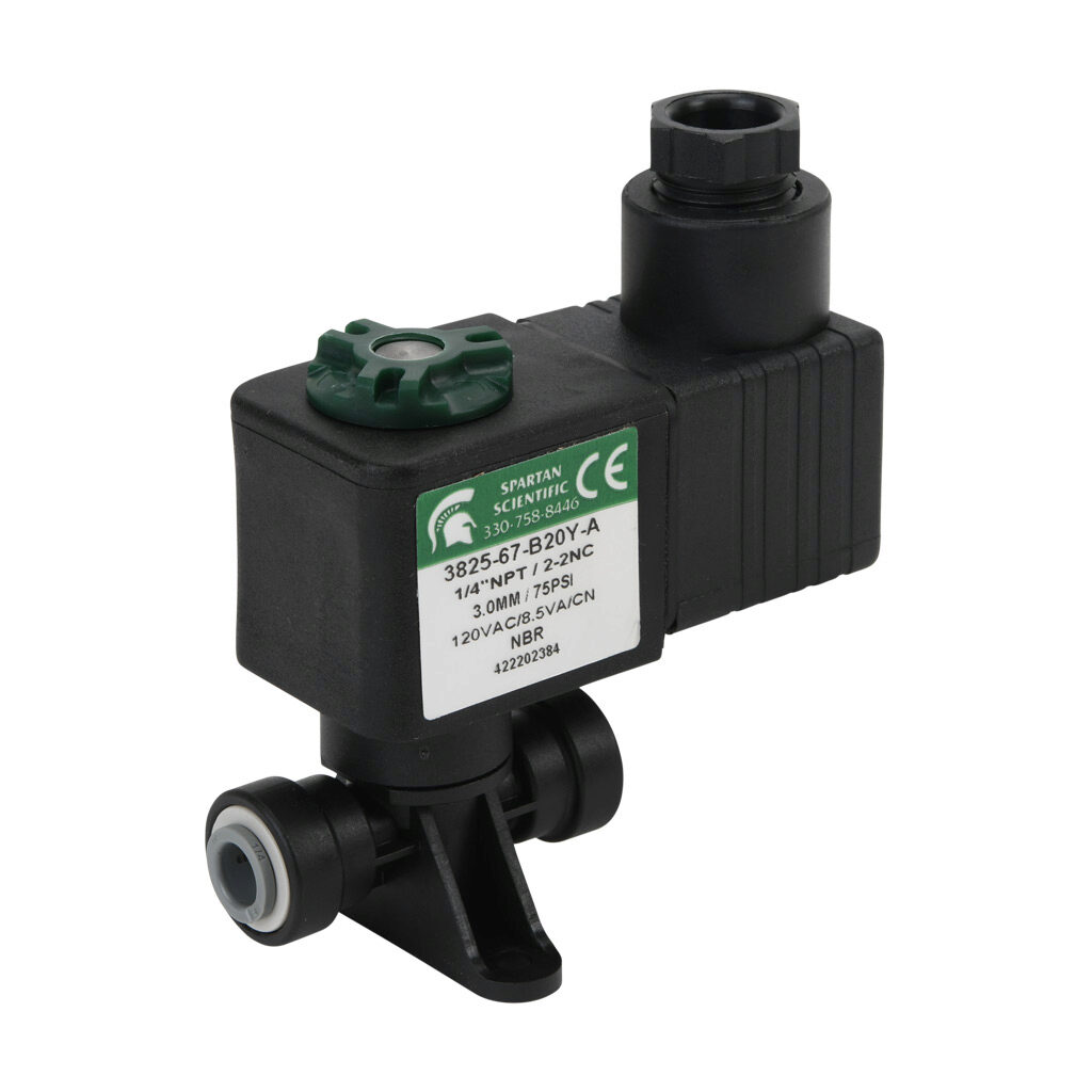 3825-67-B20Y-A - Spartan solenoid valve, 2-way, 2-position, N.C., acetal body, FKM seal(s), 1/4in push-to-connect inlet(s), 1/4in push-to-connect outlet(s), Cv=0.31, vacuum minimum operating pressure, 120 VAC operating voltage, 18mm DIN style wiri...