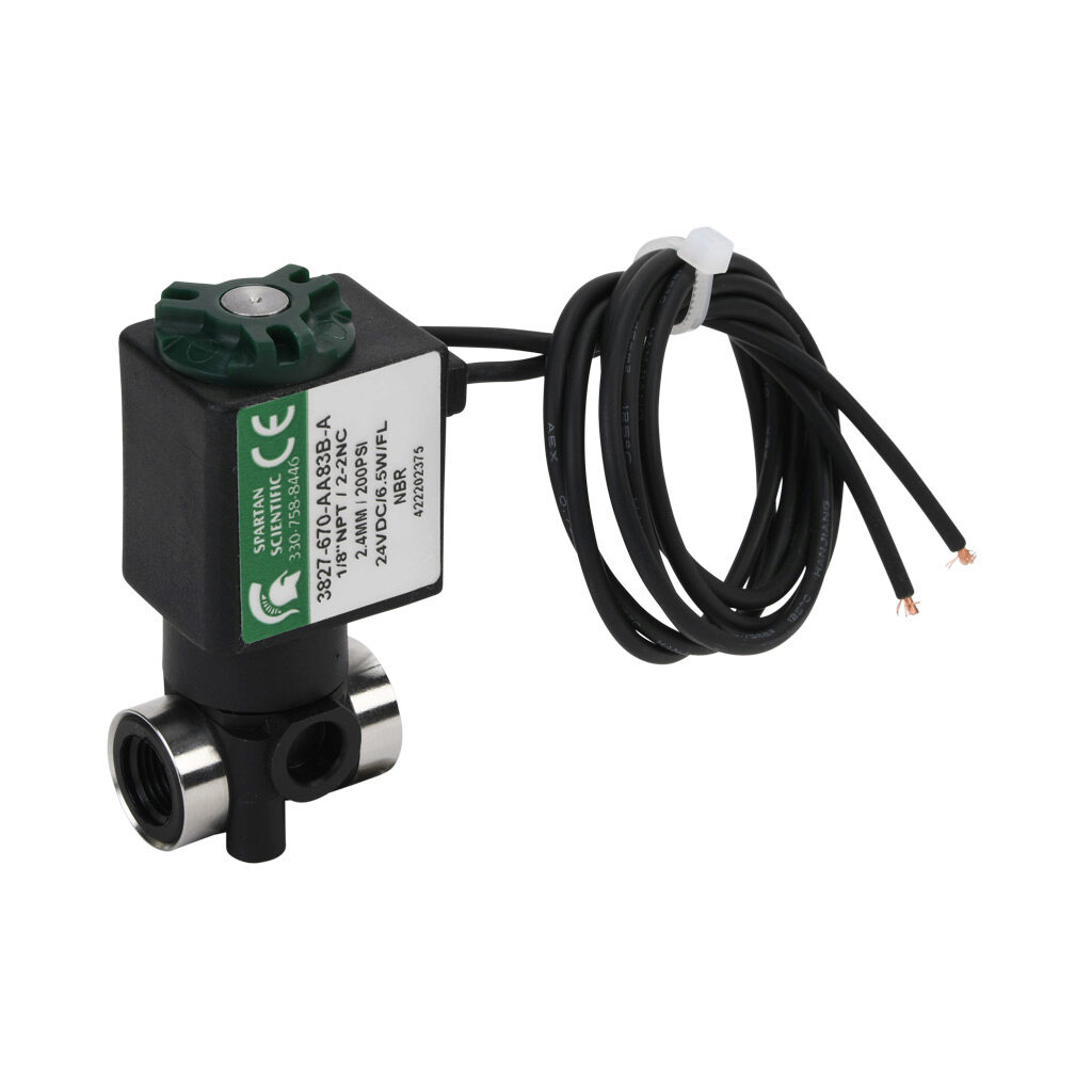3827-670-AA83B-A - Spartan solenoid valve, 2-way, 2-position, N.C., glass-filled nylon body, FKM seal(s), 1/8in female NPT inlet(s), 1/8in female NPT outlet(s), Cv=0.24, vacuum minimum operating pressure, 24 VDC operating voltage, 18in 22 AWG pigt...