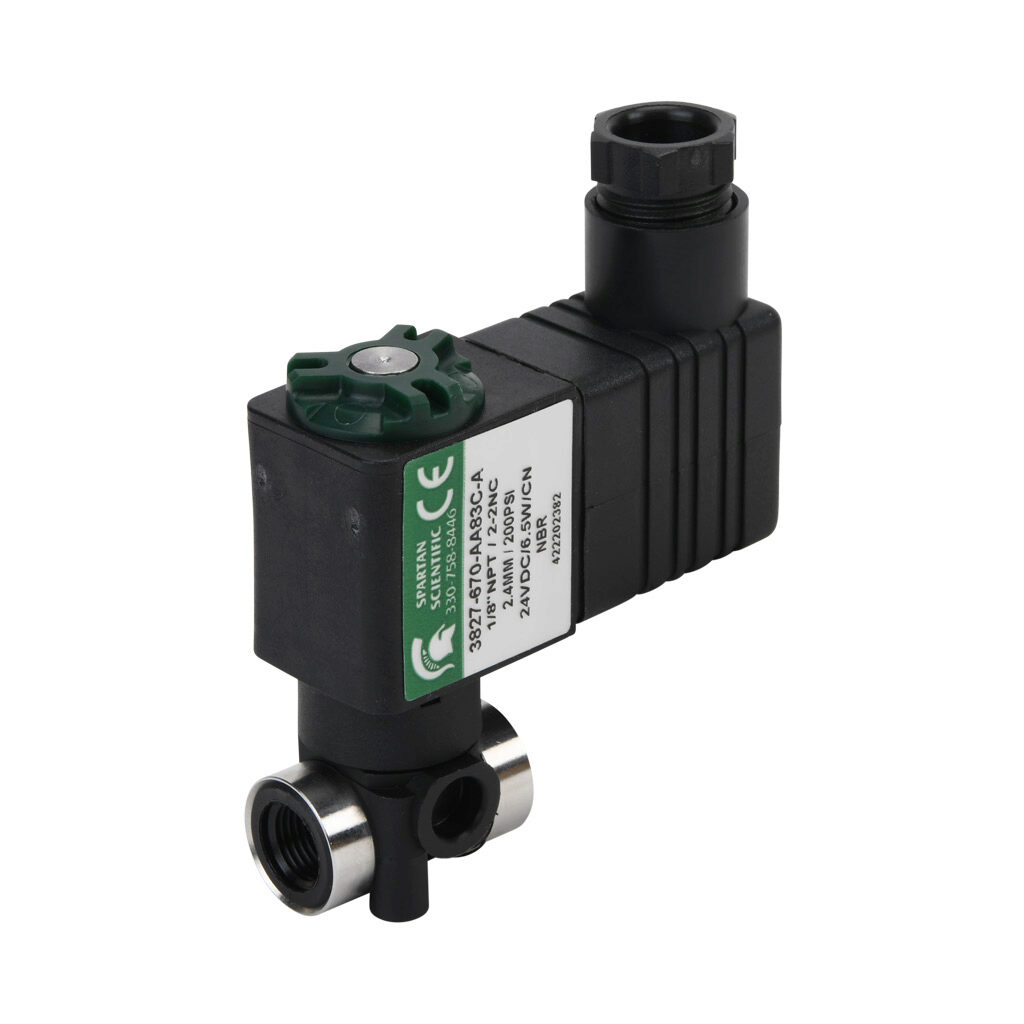 3827-670-AA83C-A - Spartan solenoid valve, 2-way, 2-position, N.C., glass-filled nylon body, FKM seal(s), 1/8in female NPT inlet(s), 1/8in female NPT outlet(s), Cv=0.24, vacuum minimum operating pressure, 24 VDC operating voltage, 11mm DIN style w...