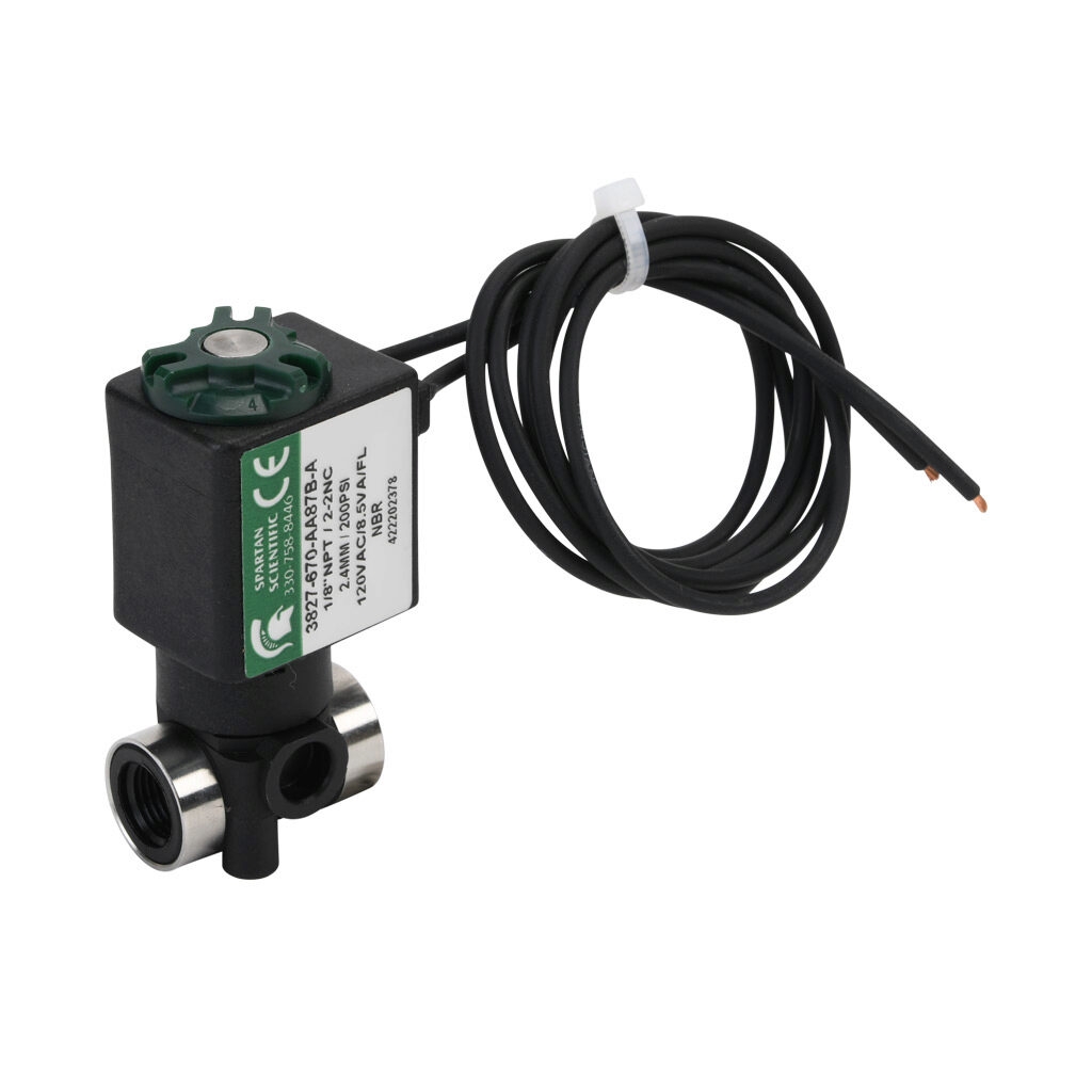 3827-670-AA87B-A - Spartan solenoid valve, 2-way, 2-position, N.C., glass-filled nylon body, FKM seal(s), 1/8in female NPT inlet(s), 1/8in female NPT outlet(s), Cv=0.24, vacuum minimum operating pressure, 120 VAC operating voltage, 18in 22 AWG pig...