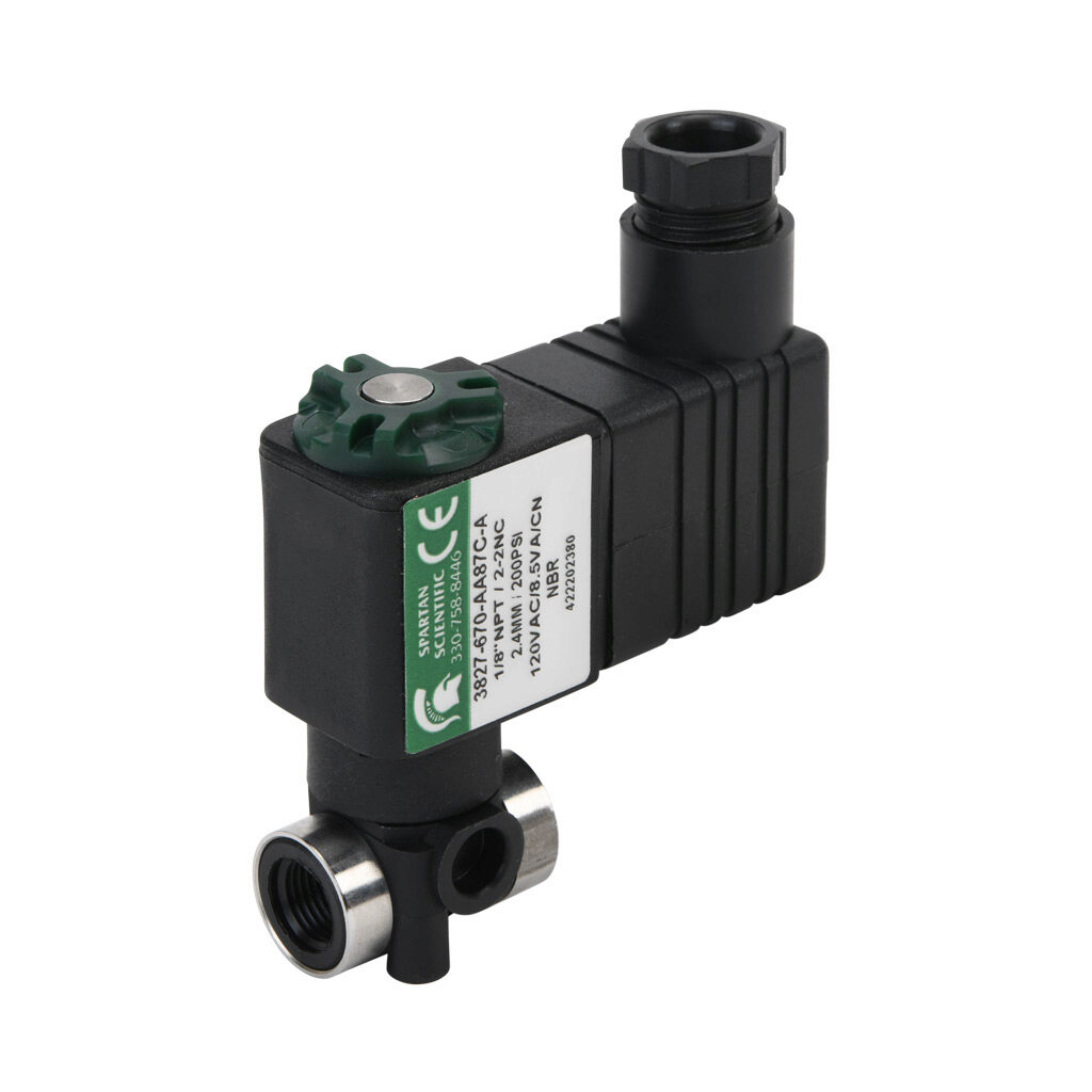 3827-670-AA87C-A - Spartan solenoid valve, 2-way, 2-position, N.C., glass-filled nylon body, FKM seal(s), 1/8in female NPT inlet(s), 1/8in female NPT outlet(s), Cv=0.24, vacuum minimum operating pressure, 120 VAC operating voltage, 11mm DIN style ...