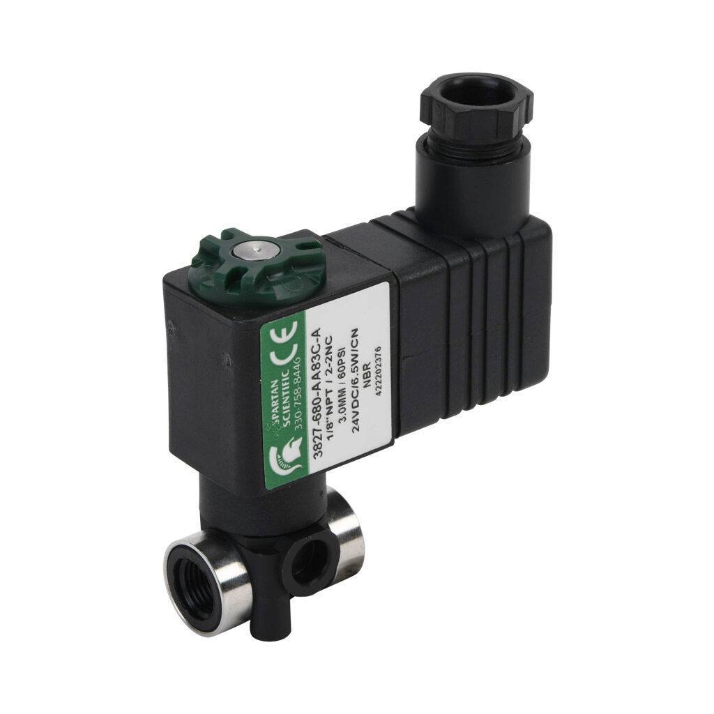 3827-680-AA83C-A - Spartan solenoid valve, 2-way, 2-position, N.C., glass-filled nylon body, FKM seal(s), 1/8in female NPT inlet(s), 1/8in female NPT outlet(s), Cv=0.31, vacuum minimum operating pressure, 24 VDC operating voltage, 18mm DIN style w...