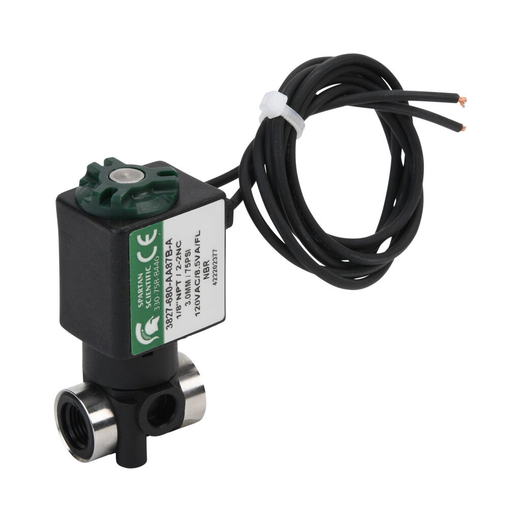 3827-680-AA87B-A - Spartan solenoid valve, 2-way, 2-position, N.C., glass-filled nylon body, FKM seal(s), 1/8in female NPT inlet(s), 1/8in female NPT outlet(s), Cv=0.31, vacuum minimum operating pressure, 120 VAC operating voltage, 18in 22 AWG pig...