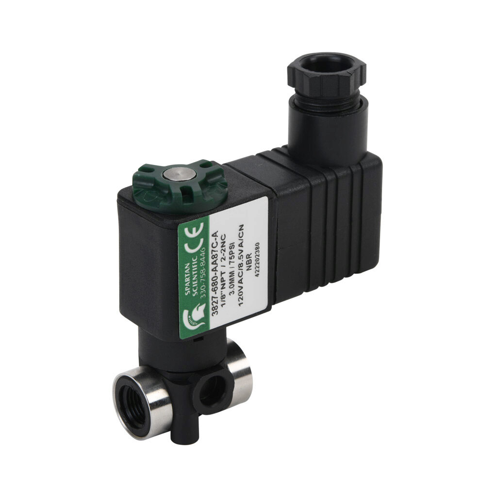 3827-680-AA87C-A - Spartan solenoid valve, 2-way, 2-position, N.C., glass-filled nylon body, FKM seal(s), 1/8in female NPT inlet(s), 1/8in female NPT outlet(s), Cv=0.31, vacuum minimum operating pressure, 120 VAC operating voltage, 18mm DIN style ...