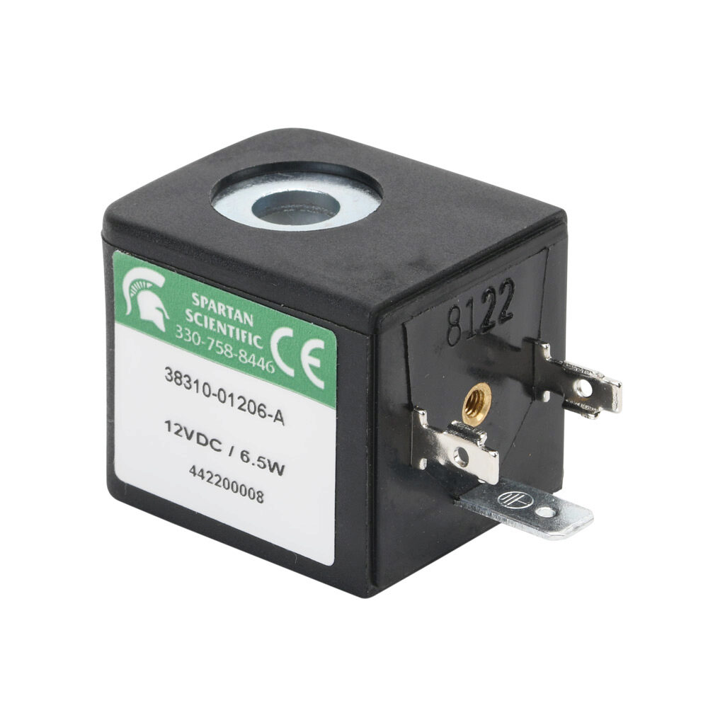 38310-01206-A - Spartan solenoid coil, 12 VDC, 6.5W, 18mm DIN style wiring plug. For use with 3516 series Spartan valves.