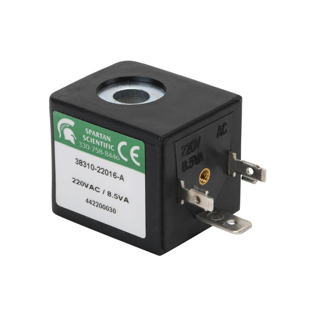 38310-22016-A - Spartan solenoid coil, 220 VAC, 8.5 VA, 18mm DIN style wiring plug. For use with 3516 series Spartan valves.