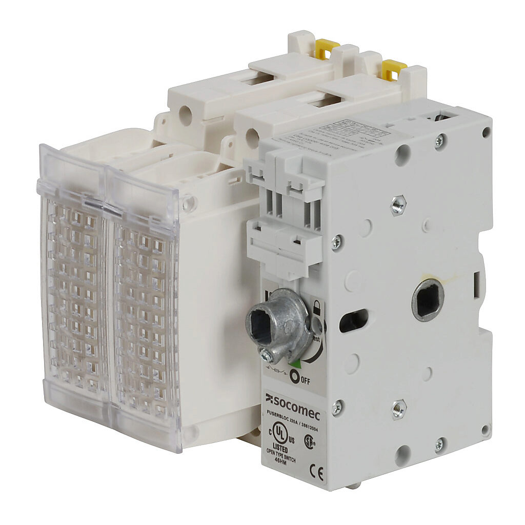 38612004 - Socomec FUSERBLOC series rotary disconnect switch, fusible, Class J, load break capable, 2-pole, 600 VAC/250 VDC, 30A, 200kA SCCR, DIN rail or panel mount, UL 98 rated, front or side operated, accepts 10 x 10mm size shaft.