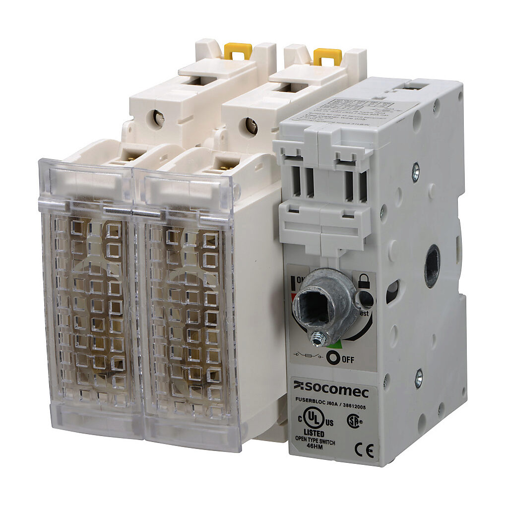38612005 - Socomec FUSERBLOC series rotary disconnect switch, fusible, Class J, load break capable, 2-pole, 600 VAC/250 VDC, 60A, 100kA SCCR, DIN rail or panel mount, UL 98 rated, front or side operated, accepts 10 x 10mm size shaft.