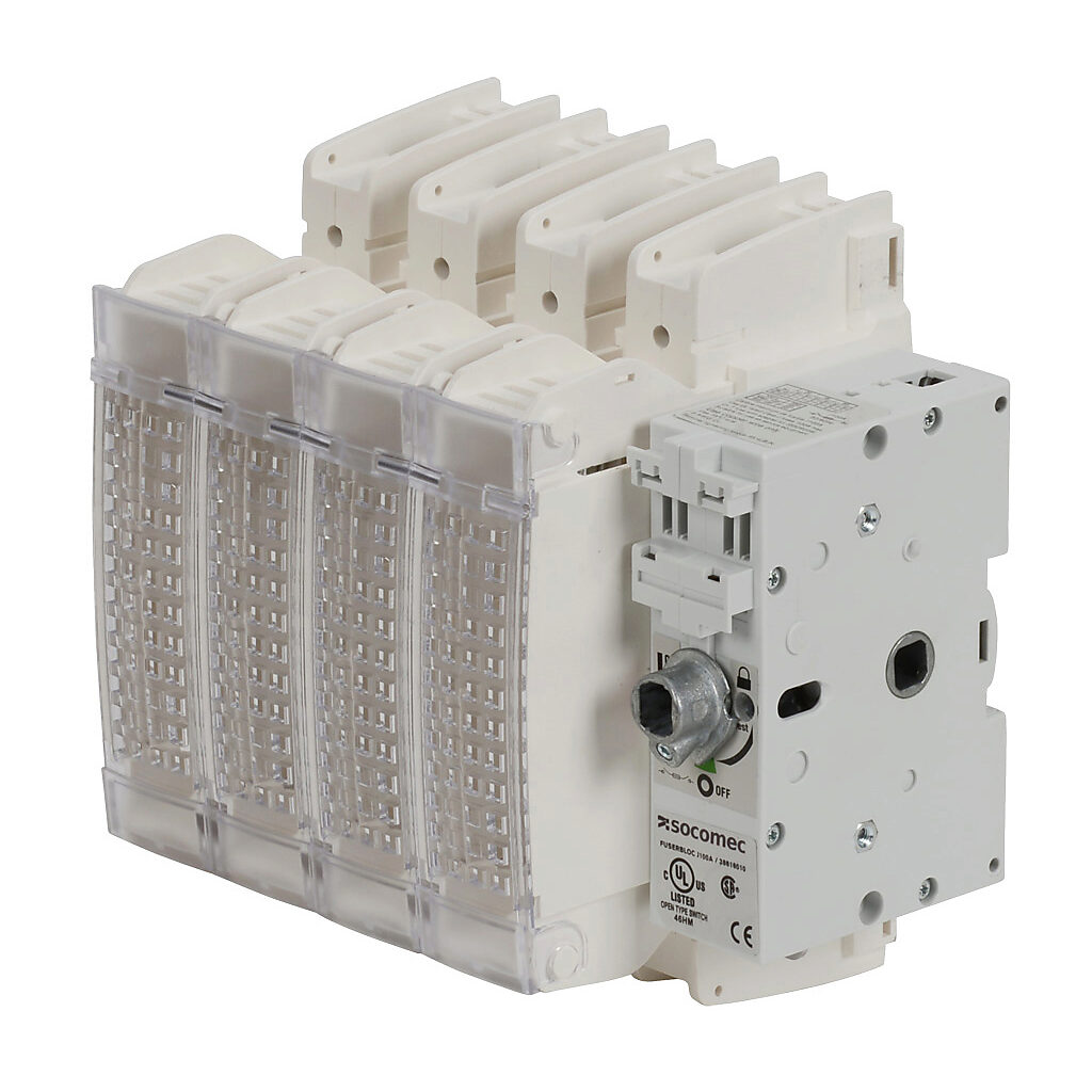 38616010 - Socomec FUSERBLOC series rotary disconnect switch, fusible, Class J, load break capable, 4-pole, 600 VAC/250 VDC, 100A, 200kA SCCR, panel mount, UL 98 rated, front or side operated, accepts 10 x 10mm size shaft.