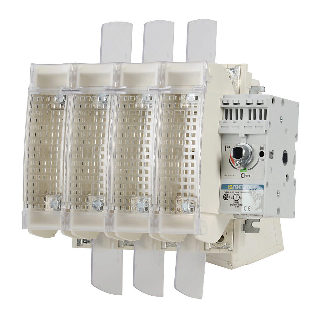 38616020 - Socomec FUSERBLOC series rotary disconnect switch, fusible, Class J, load break capable, 4-pole, 600 VAC/250 VDC, 200A, 200kA SCCR, panel mount, UL 98 rated, front or side operated, accepts 10 x 10mm size shaft.