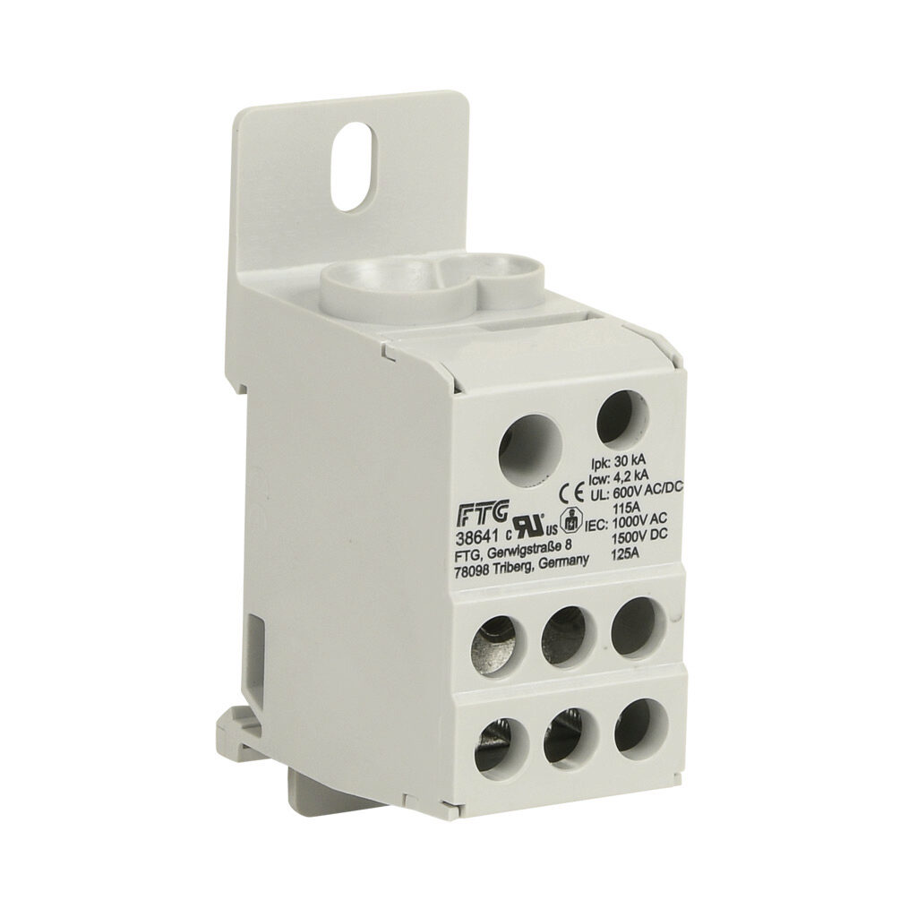 38641 - FTG enclosed terminal block, finger-safe, 115A, 1-pole, line side: 1 opening accepts 2 AWG to 8 AWG &1 opening accepts 4 AWG to 14 AWG, load side: 6 openings accept 4 AWG to 14 AWG, panel or 35mm DIN rail mount, UL 1059 recognized.