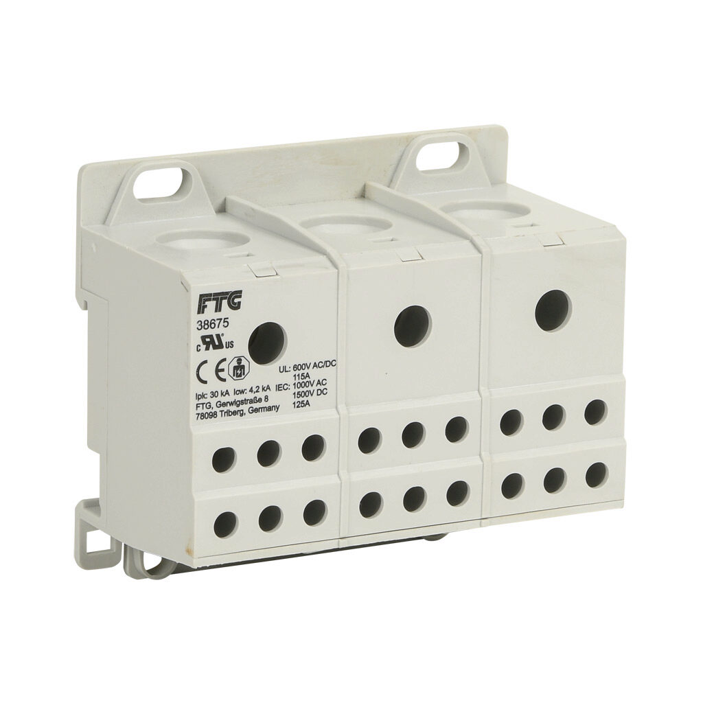 38675 - FTG enclosed terminal block, finger-safe, 115A, 3-pole, line side: 1 opening accepts 2 AWG to 8 AWG, load side: 6 openings accept 4 AWG to 14 AWG, panel or 35mm DIN rail mount, UL 1059 recognized.