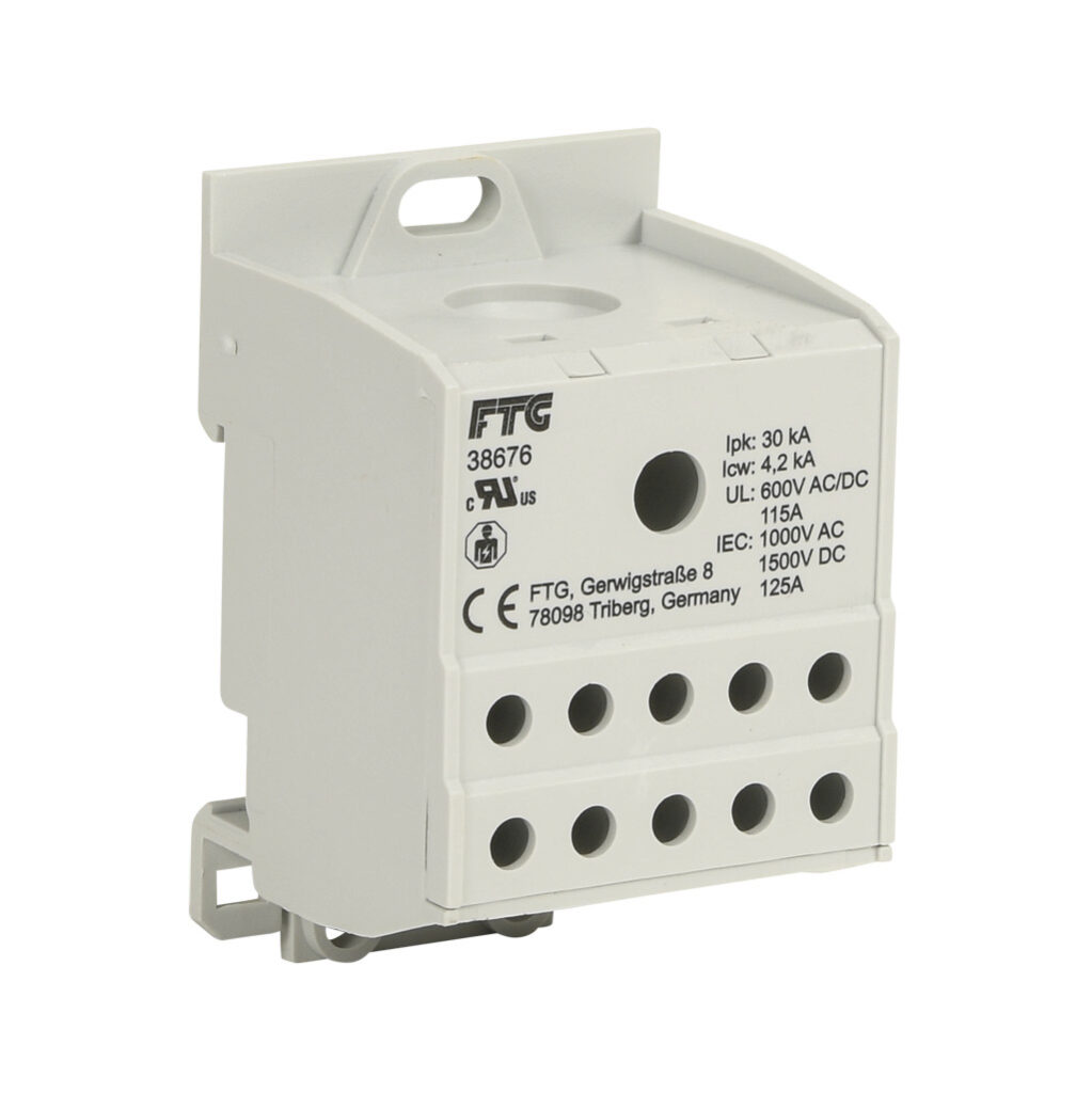 38676 - FTG enclosed terminal block, finger-safe, 115A, 1-pole, line side: 1 opening accepts 2 AWG to 8 AWG, load side: 10 openings accept 4 AWG to 14 AWG, panel or 35mm DIN rail mount, UL 1059 recognized.