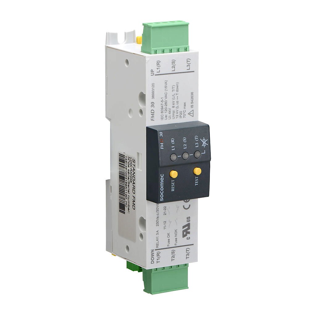 38993120 - Socomec blown fuse monitor/indicator, 3-pole, 120-260 VAC, (1) N.O. and (1) N.C. contact(s), 3A @ 230VAC/30VDC, (3) status LEDs, reset pushbutton and indicator test function controls. (3) removable terminal blocks included.