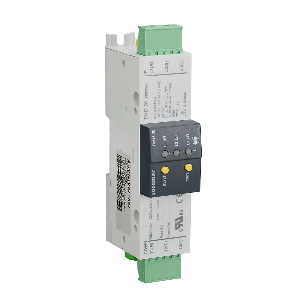 38993380 - Socomec blown fuse monitor/indicator, 3-pole, 380-690 VAC, (1) N.O. and (1) N.C. contact(s), 3A @ 230VAC/30VDC, (3) status LEDs, reset pushbutton and indicator test function controls. (3) removable terminal blocks included.