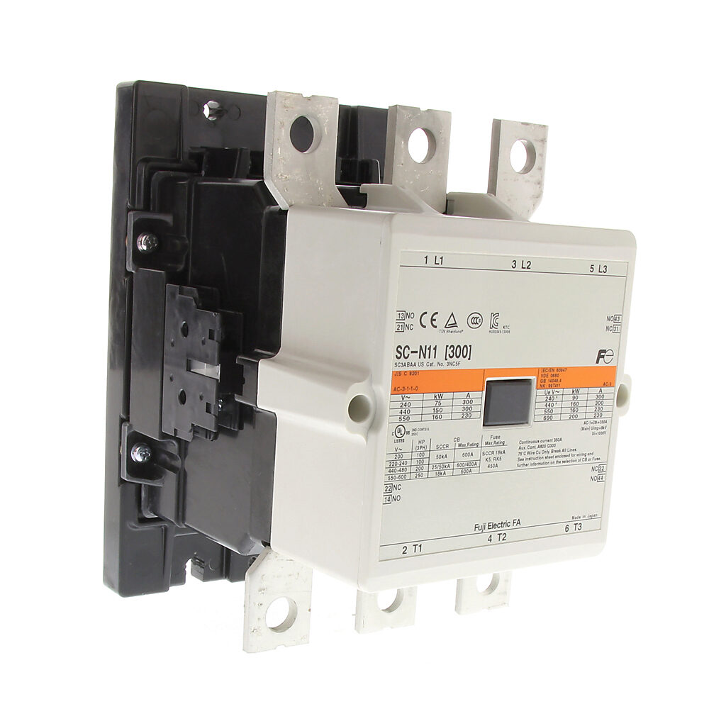 3NC5F0222 - Fuji Electric 3NC5 series IEC contactor, 285A, (3) N.O. power poles, (2) N.O./(2) N.C. auxiliary contacts, 240 VAC (60Hz)/220 VAC (50Hz) coil voltage, low consumption electronic.