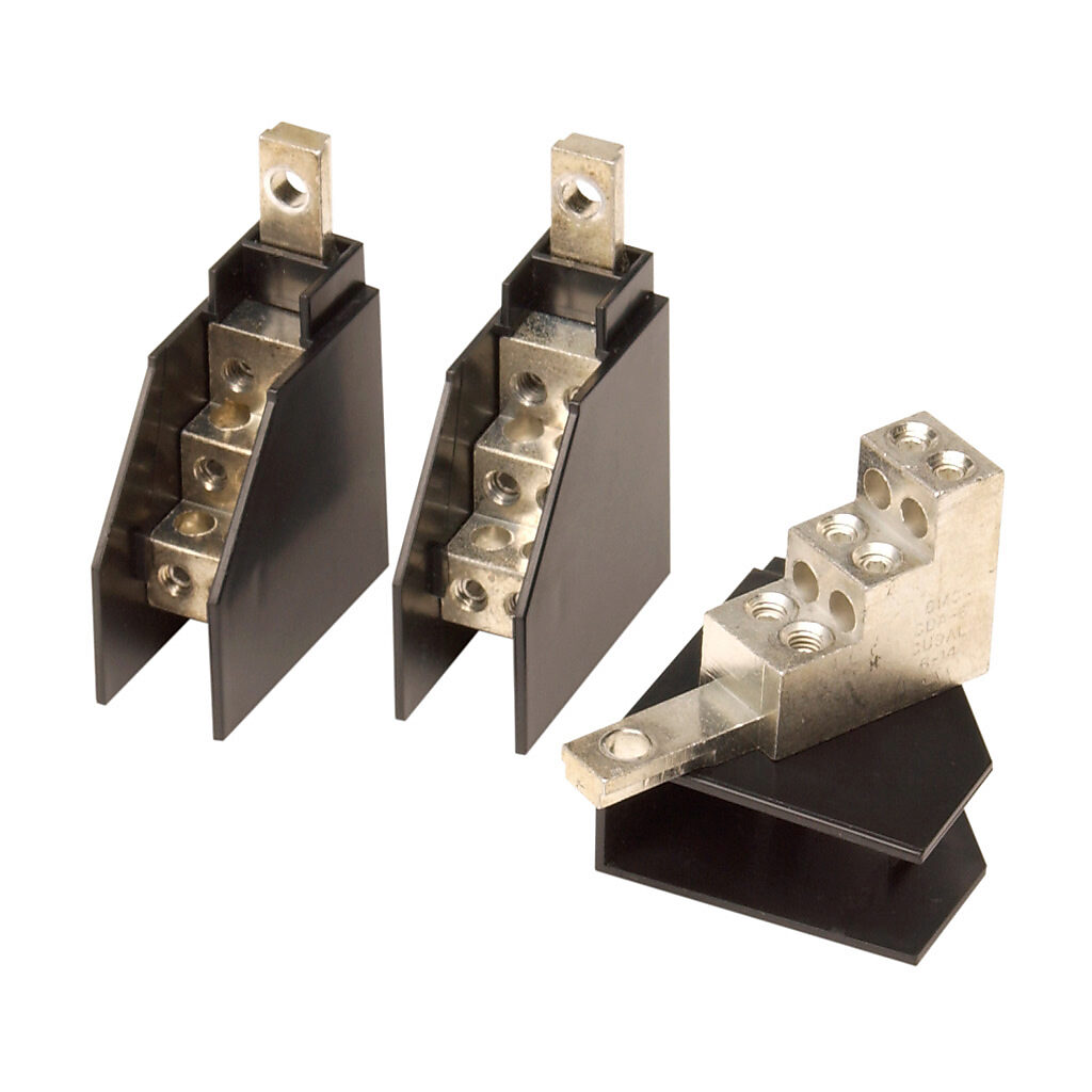 3TA100G6K - Eaton multi-wire box type wiring lug, load mount, 100A, 6 openings, #14-6 AWG copper only. Package of 3. For use with Eaton 100A frame MCCBs. Mounting hardware and insulators included.