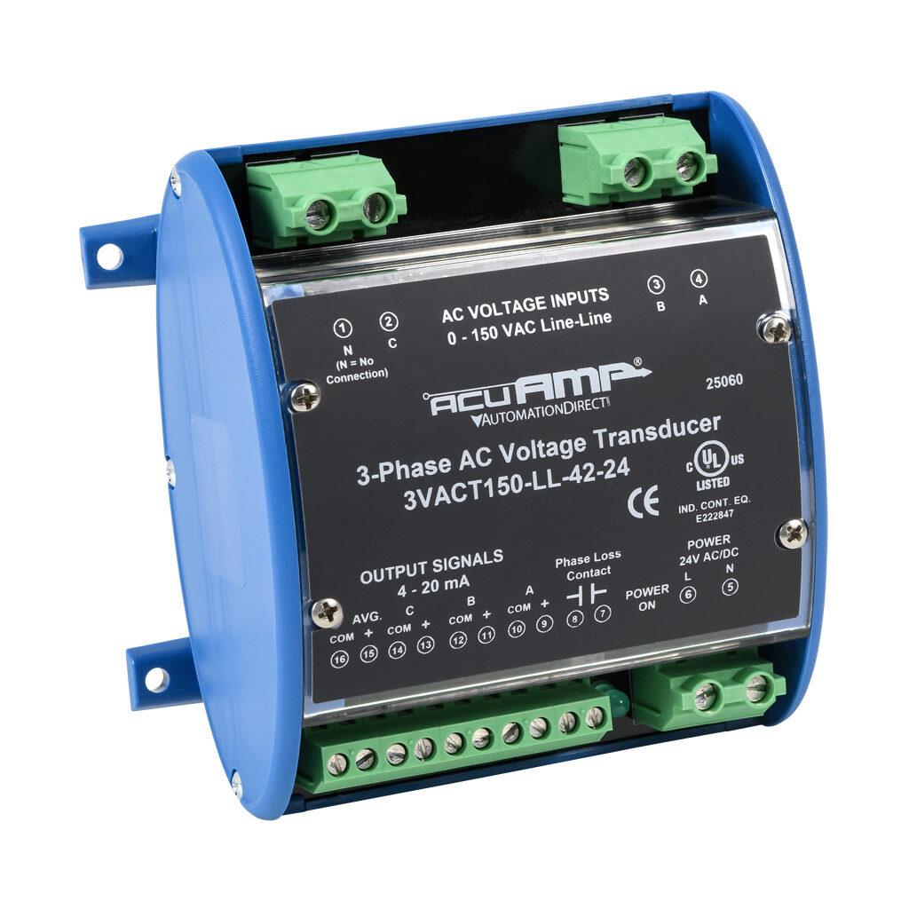 3VACT150-LL-42-24 - AcuAMP AC voltage transducer, 3-phase, 0-150 VAC line-to-line sensing range, True RMS, (4) 4-20 mA and (1) relay, SPST-N.O. output, 0.5A @ 125 VAC, 1A @ 30 VDC output rating, phase loss @ 90 VAC non-adjustable trip point, 24 VA...