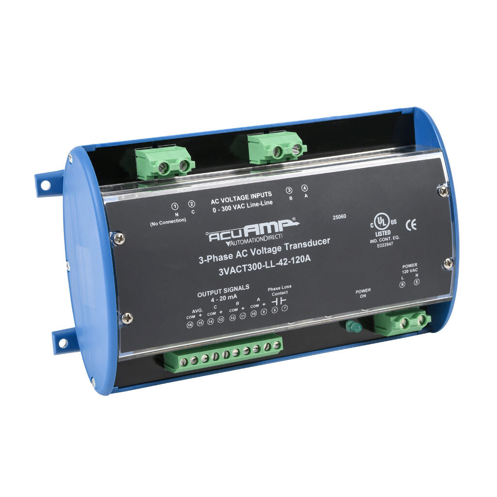3VACT300-LL-42-120A - AcuAMP AC voltage transducer, 3-phase, 0-300 VAC line-to-line sensing range, True RMS, (4) 4-20 mA and (1) relay, SPST-N.O. output, 0.5A @ 125 VAC, 1A @ 30 VDC output rating, phase loss @ 180 VAC non-adjustable trip point, 12...