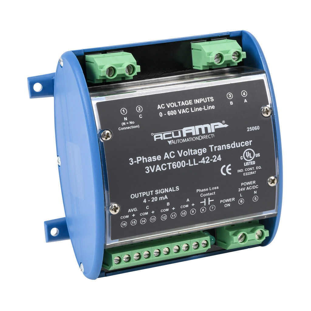 3VACT600-LL-42-24 - AcuAMP AC voltage transducer, 3-phase, 0-600 VAC line-to-line sensing range, True RMS, (4) 4-20 mA and (1) relay, SPST-N.O. output, 0.5A @ 125 VAC, 1A @ 30 VDC output rating, phase loss @ 360 VAC non-adjustable trip point, 24 V...