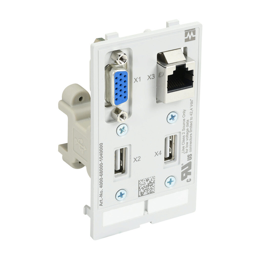 4000-68000-1040000 - Murrelektronik Modlink panel interface insert, (1) RJ45 Cat5e female exterior/female interior, (1) 15-pin D-sub HD15 connector with female exterior/male interior and (2) USB A port with female exterior/female interior, single ...