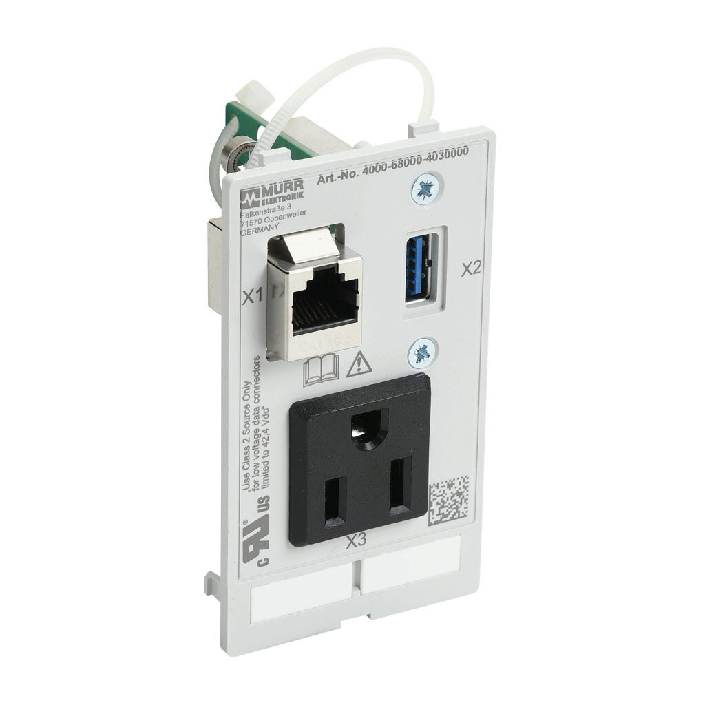 4000-68000-4030000 - Murrelektronik Modlink panel interface insert, single 120 VAC outlet, (1) RJ45 Cat5e female exterior/female interior, (1) USB A port with female exterior/ female interior, single frame. For use with Modlink series frames.