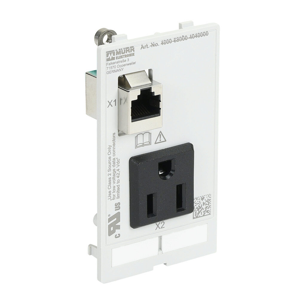 4000-68000-4040000 - Murrelektronik Modlink panel interface insert, single 120 VAC outlet, (1) RJ45 Cat5e female exterior/female interior, single frame. For use with Modlink series frames.