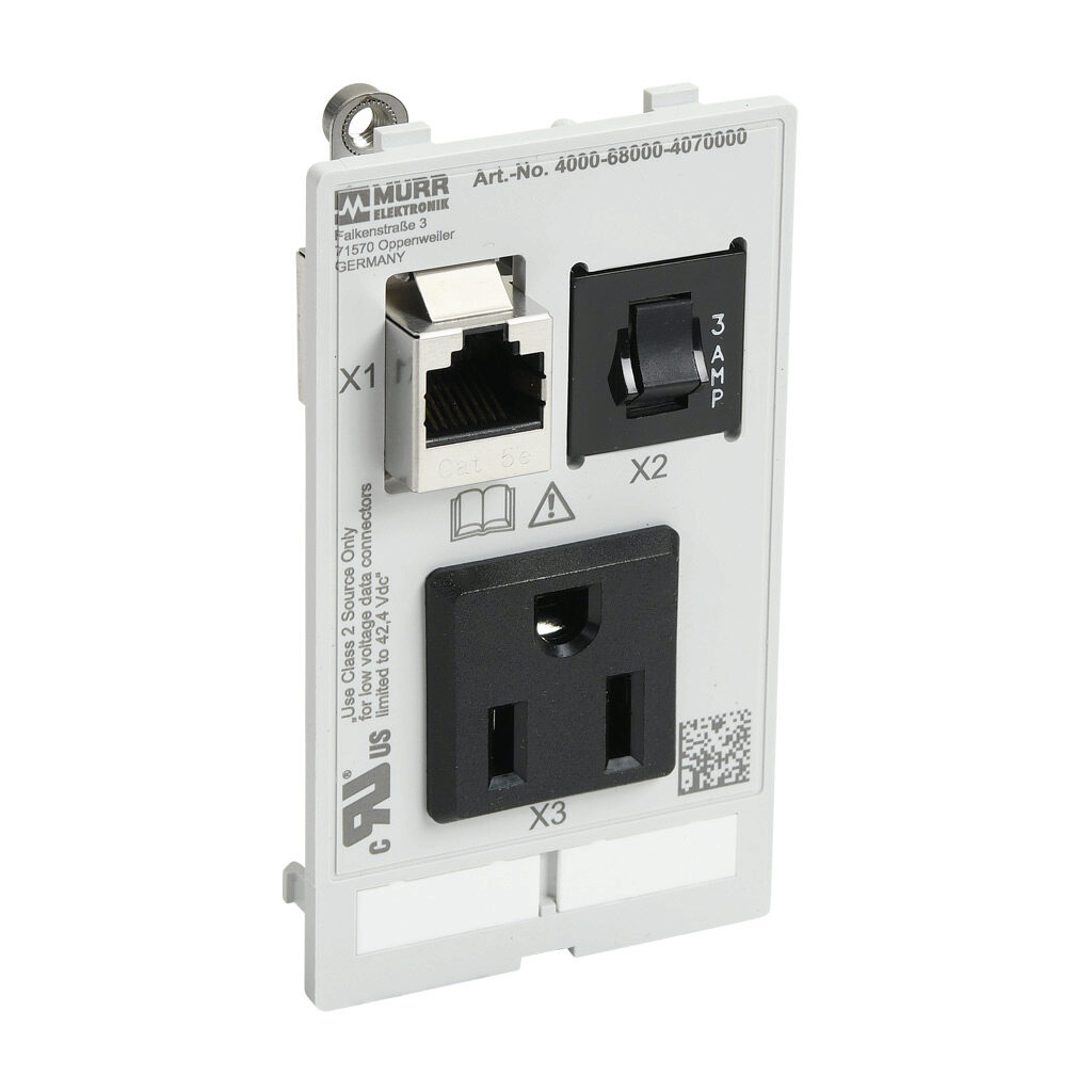 4000-68000-4070000 - Murrelektronik Modlink panel interface insert, single 120 VAC outlet, (1) RJ45 Cat5e female exterior/female interior, 3A circuit breaker, single frame. For use with Modlink series frames.