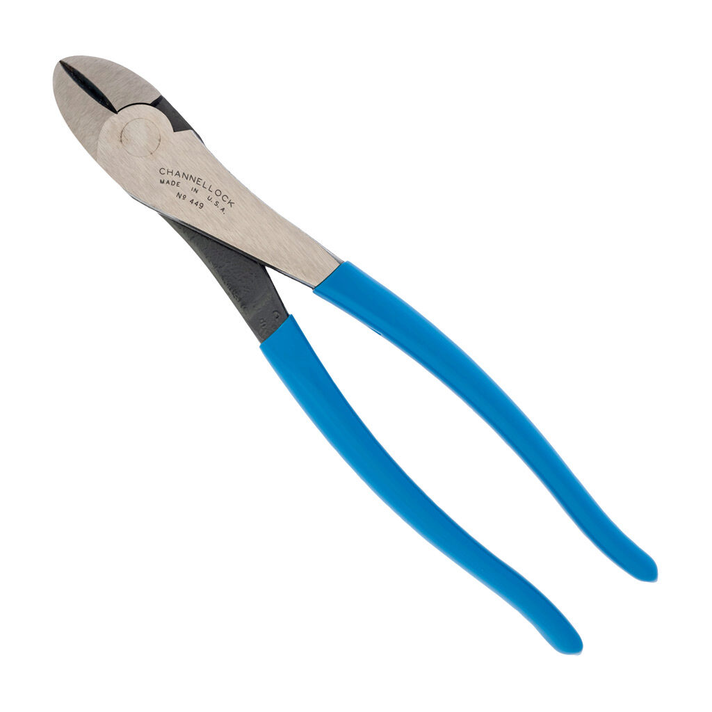 449 - CHANNELLOCK curved diagonal cutters, 9.5in (241mm) overall length, laser heat-treated curved cutting edges, classic grip vinyl handles, curved diagonal head.