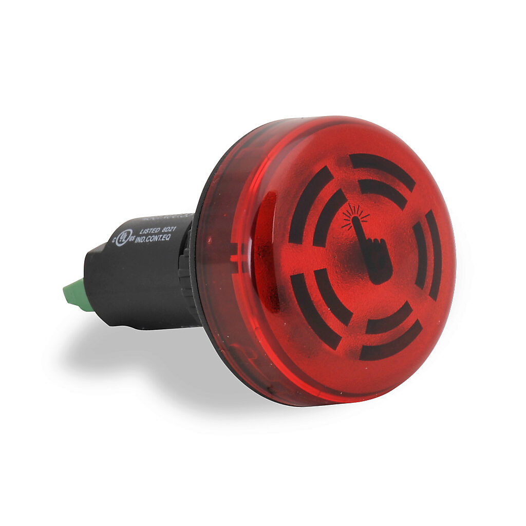 45010055 - WERMA audible alarm buzzer, 80 dB at 1m, 2.8 kHz tone frequency, continuous tone(s), touch to acknowledge, 24 VDC, permanent LED indicator(s), red, 22mm, panel mount, polycarbonate housing, red, IP65.