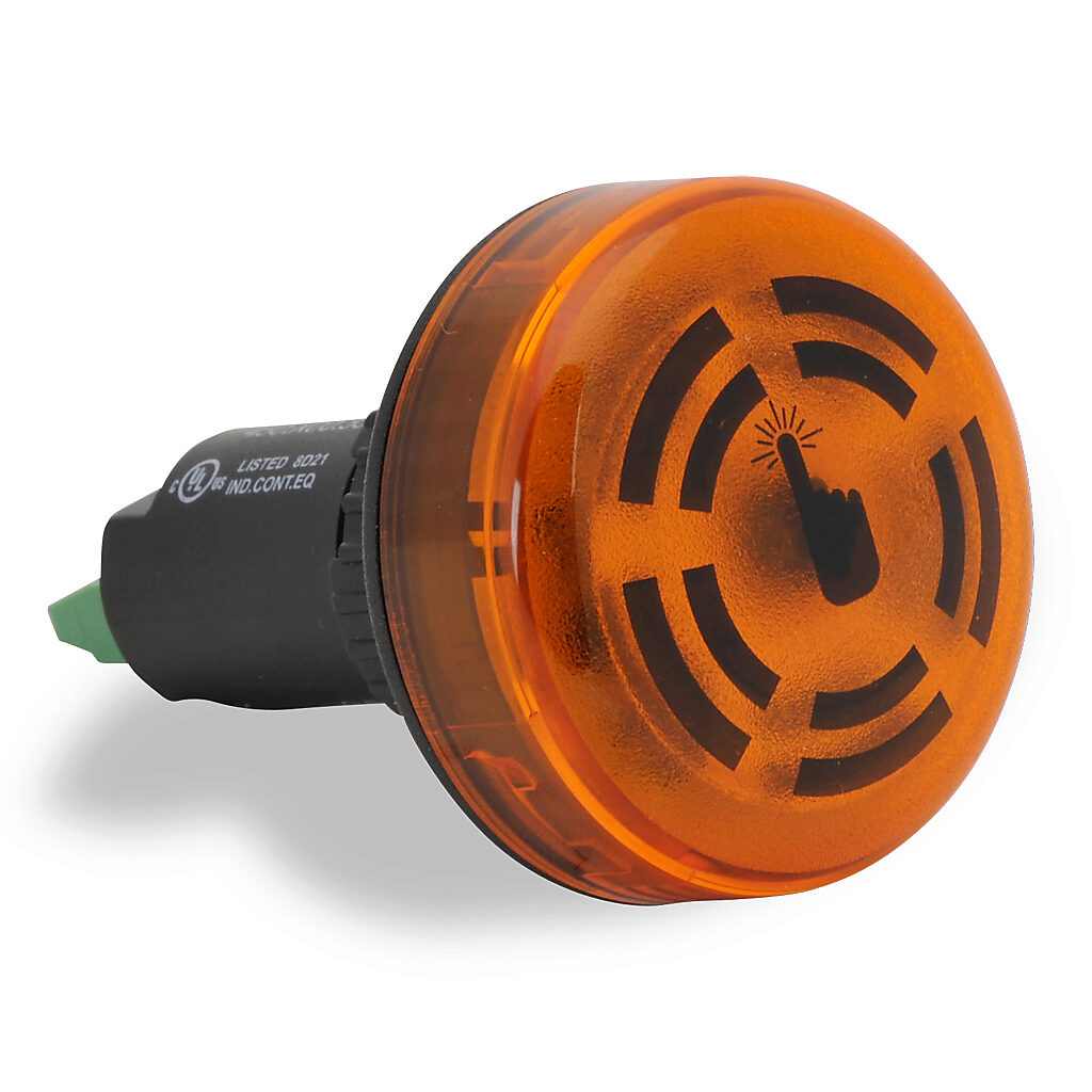 45030055 - WERMA audible alarm buzzer, 80 dB at 1m, 2.8 kHz tone frequency, continuous tone(s), touch to acknowledge, 24 VDC, permanent LED indicator(s), yellow, 22mm, panel mount, polycarbonate housing, yellow, IP65.
