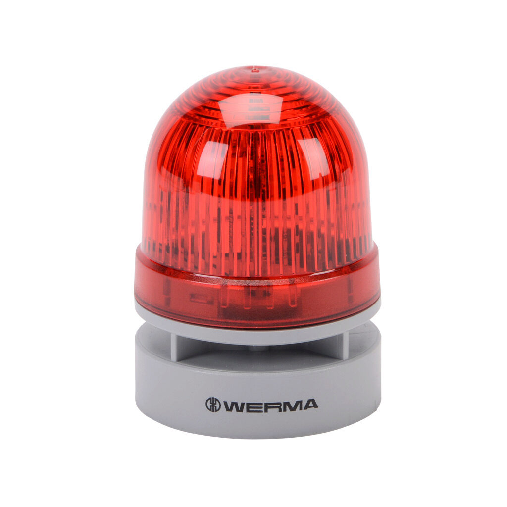 46011060 - WERMA EvoSIGNAL Mini TwinLIGHT series LED audible-visual signal beacon, 95 dB at 1m, continuous/pulse tone(s), permanent or blinking (1 Hz ON for 420ms), red, 62mm, 115-230 VAC, IP66. Requires mounting adapter.