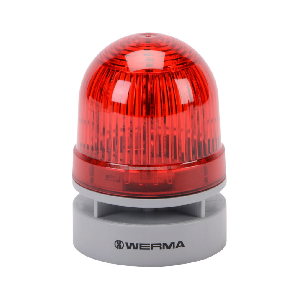 46011074 - WERMA EvoSIGNAL Mini TwinLIGHT series LED audible-visual signal beacon, 95 dB at 1m, continuous/pulse tone(s), permanent or blinking (1 Hz ON for 410ms), red, 62mm, 12 VAC/VDC, IP66. Requires mounting adapter.