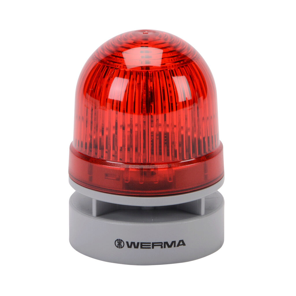 46011075 - WERMA EvoSIGNAL Mini TwinLIGHT series LED audible-visual signal beacon, 95 dB at 1m, continuous/pulse tone(s), permanent or blinking (1 Hz ON for 470ms), red, 62mm, 24 VAC/VDC, IP66. Requires mounting adapter.