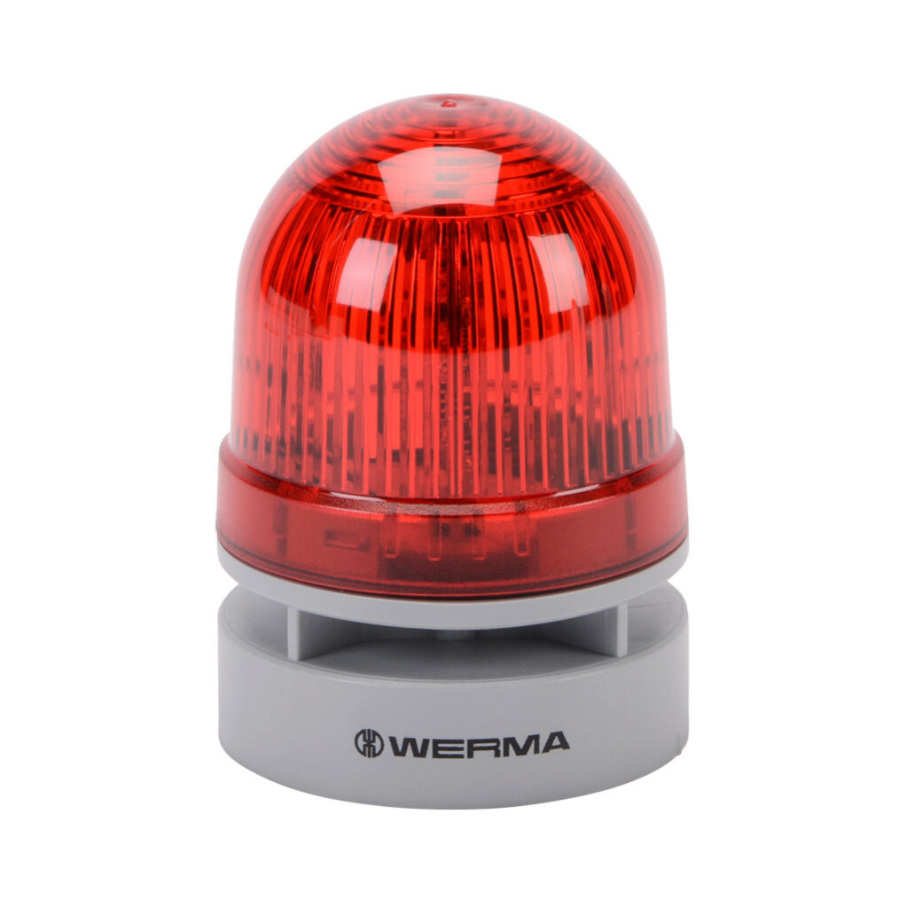 46012060 - WERMA EvoSIGNAL Mini TwinFLASH series LED audible-visual signal beacon, 95 dB at 1m, continuous/pulse tone(s), double flash or EVS (Enhanced Visibility System) flashing (random flashing), red, 62mm, 115-230 VAC, IP66. Requires mounting ...