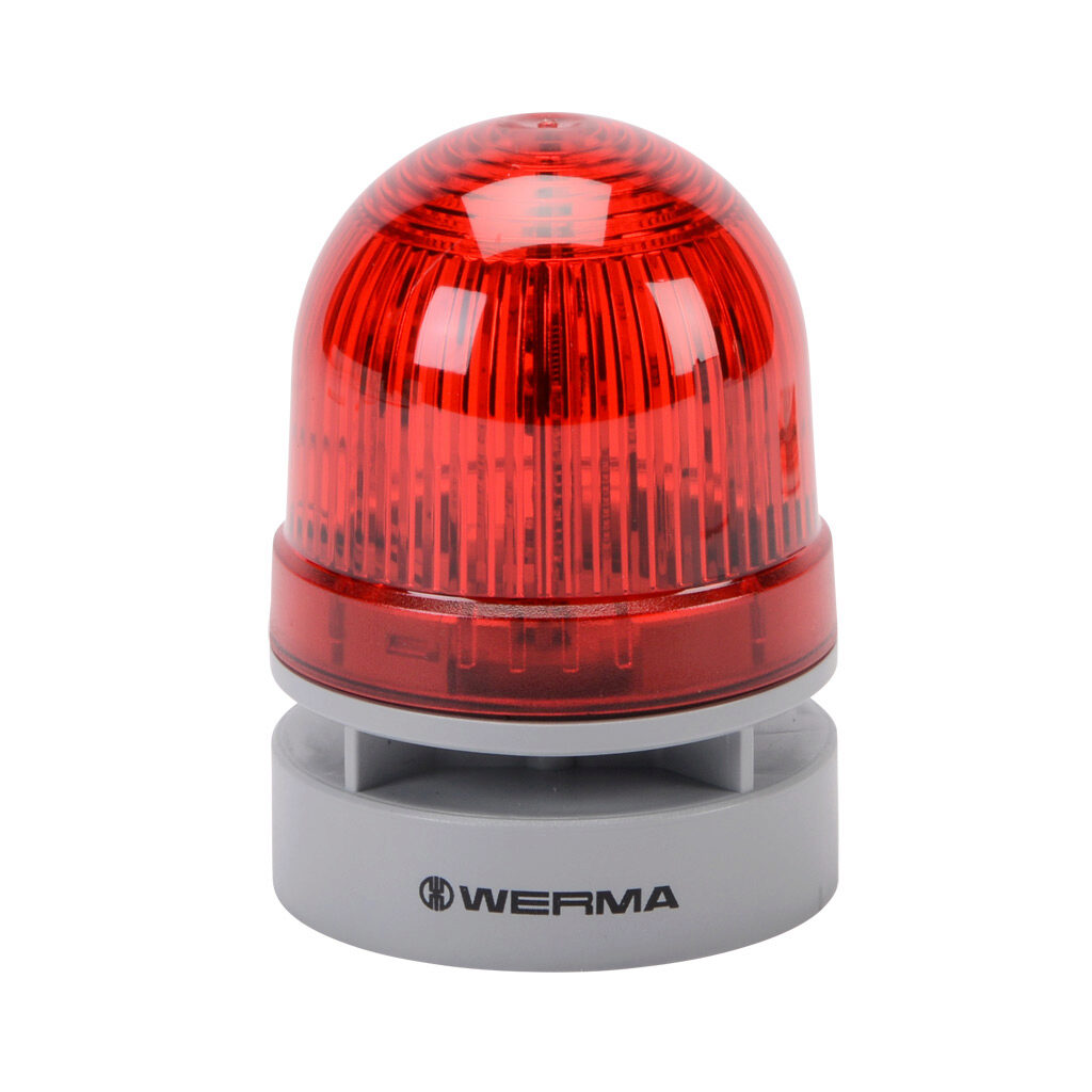 46012074 - WERMA EvoSIGNAL Mini TwinFLASH series LED audible-visual signal beacon, 95 dB at 1m, continuous/pulse tone(s), double flash or EVS (Enhanced Visibility System) flashing (random flashing), red, 62mm, 12 VAC/VDC, IP66. Requires mounting a...