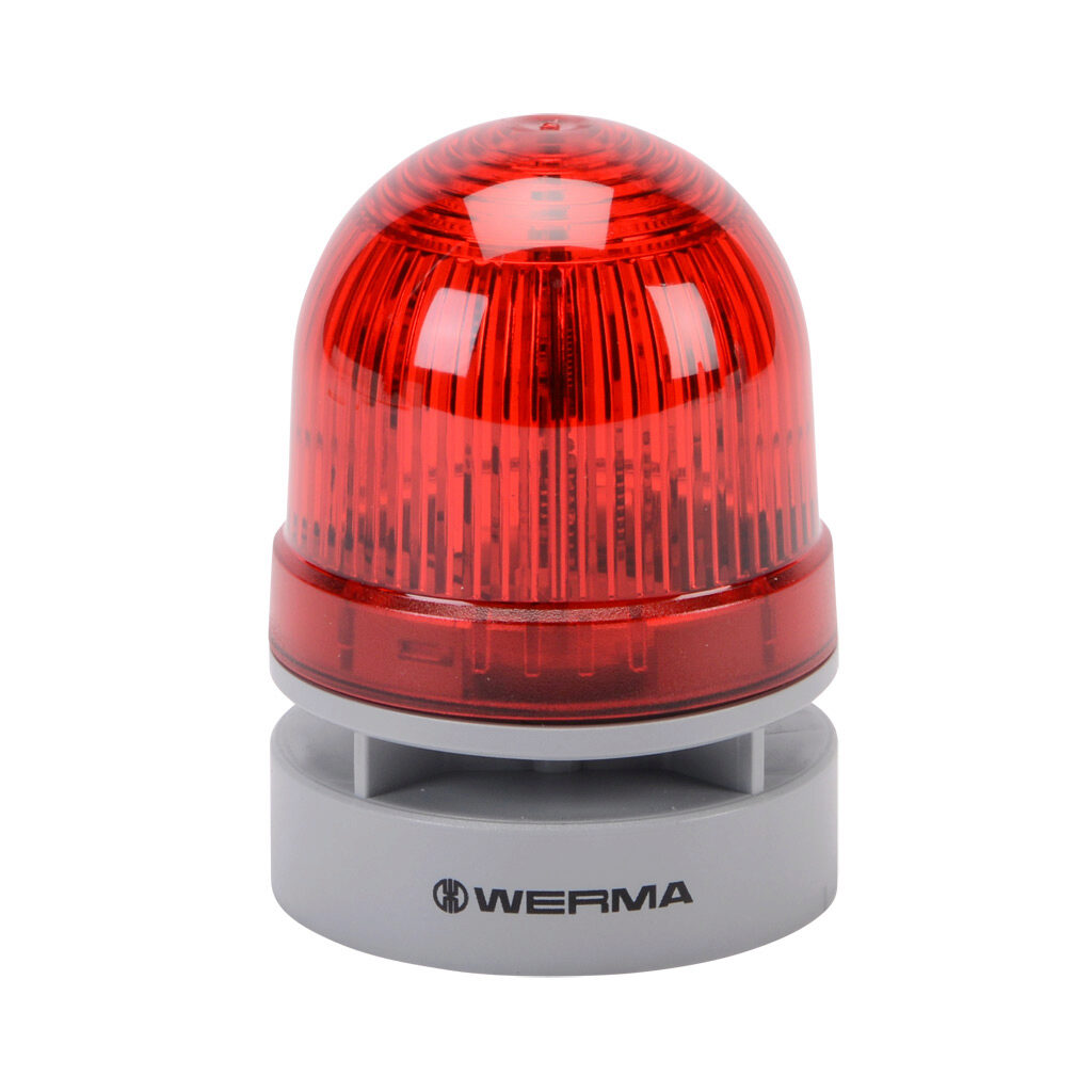46012075 - WERMA EvoSIGNAL Mini TwinFLASH series LED audible-visual signal beacon, 95 dB at 1m, continuous/pulse tone(s), double flash or EVS (Enhanced Visibility System) flashing (random flashing), red, 62mm, 24 VAC/VDC, IP66. Requires mounting a...