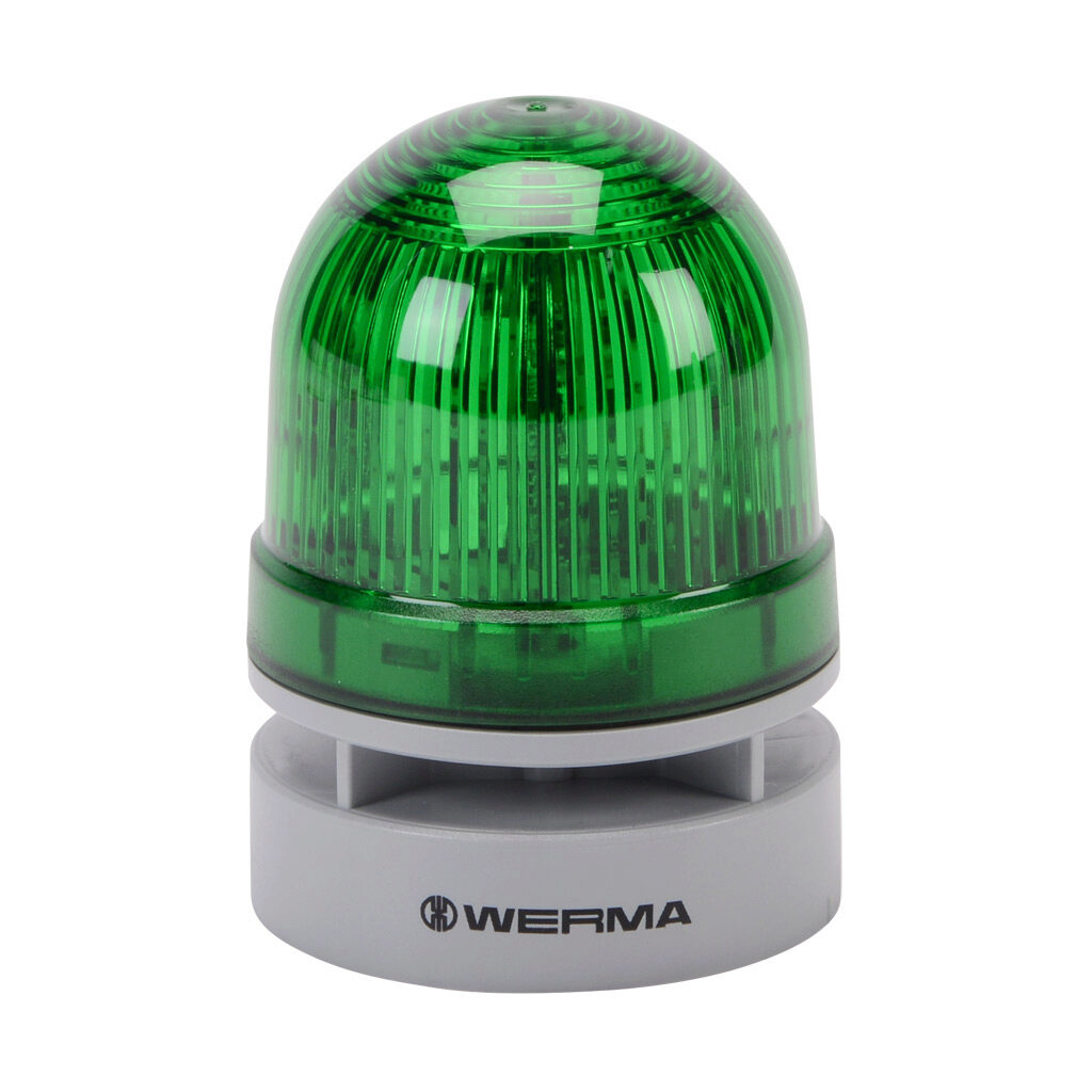 46021060 - WERMA EvoSIGNAL Mini TwinLIGHT series LED audible-visual signal beacon, 95 dB at 1m, continuous/pulse tone(s), permanent or blinking (1 Hz ON for 420ms), green, 62mm, 115-230 VAC, IP66. Requires mounting adapter.