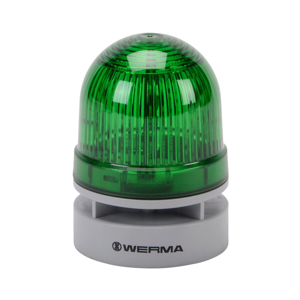 46021074 - WERMA EvoSIGNAL Mini TwinLIGHT series LED audible-visual signal beacon, 95 dB at 1m, continuous/pulse tone(s), permanent or blinking (1 Hz ON for 410ms), green, 62mm, 12 VAC/VDC, IP66. Requires mounting adapter.