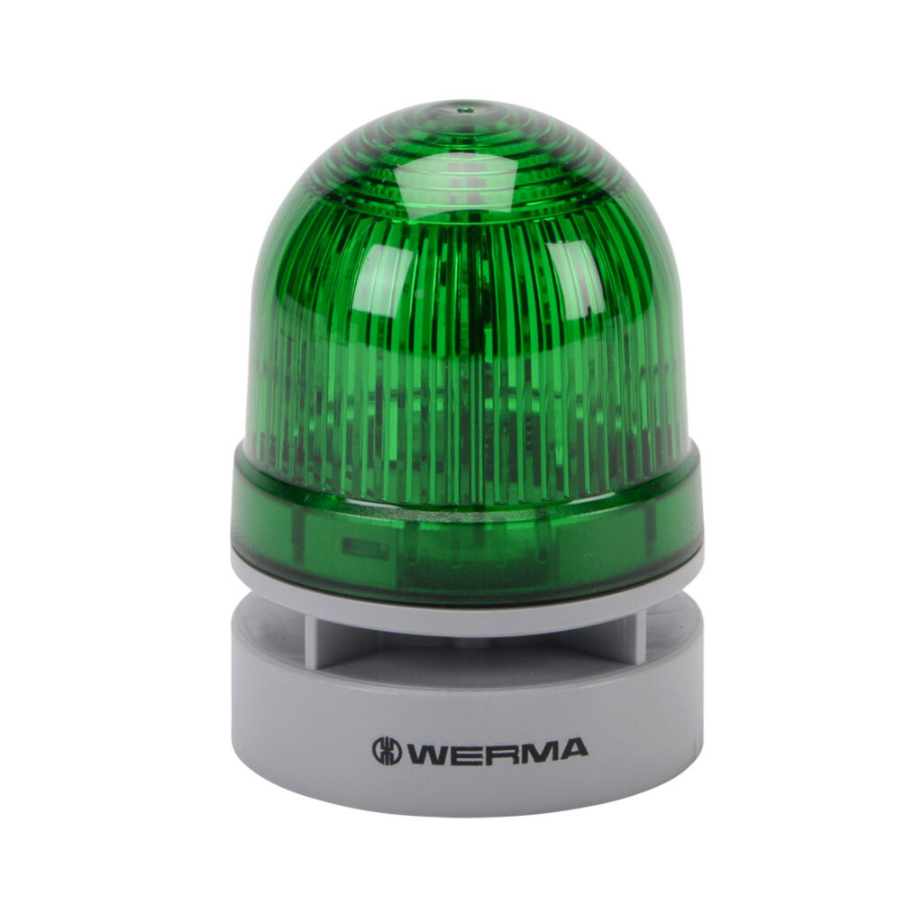 46021075 - WERMA EvoSIGNAL Mini TwinLIGHT series LED audible-visual signal beacon, 95 dB at 1m, continuous/pulse tone(s), permanent or blinking (1 Hz ON for 470ms), green, 62mm, 24 VAC/VDC, IP66. Requires mounting adapter.