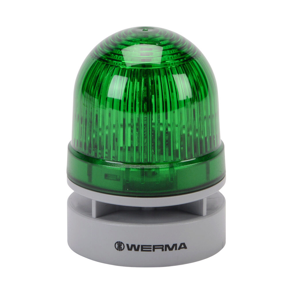 46022060 - WERMA EvoSIGNAL Mini TwinFLASH series LED audible-visual signal beacon, 95 dB at 1m, continuous/pulse tone(s), double flash or EVS (Enhanced Visibility System) flashing (random flashing), green, 62mm, 115-230 VAC, IP66. Requires mountin...