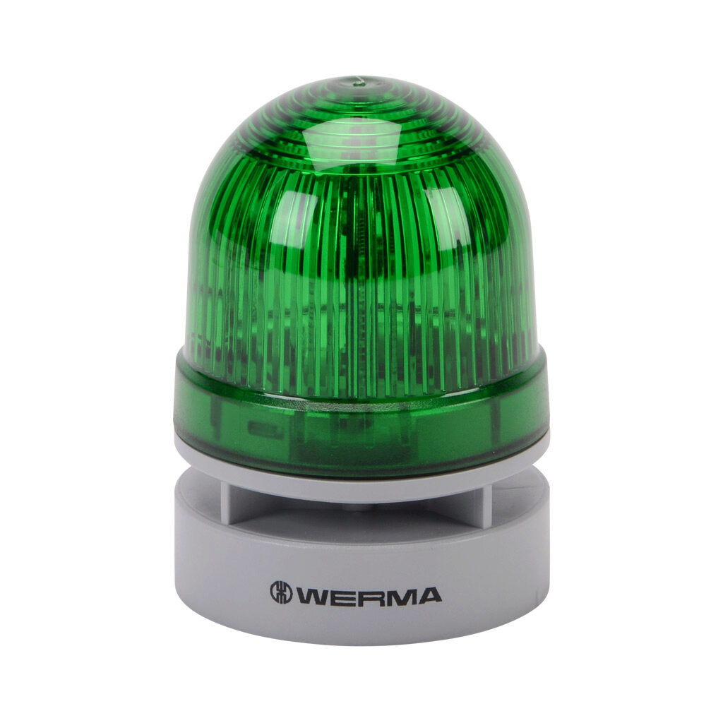 46022074 - WERMA EvoSIGNAL Mini TwinFLASH series LED audible-visual signal beacon, 95 dB at 1m, continuous/pulse tone(s), double flash or EVS (Enhanced Visibility System) flashing (random flashing), green, 62mm, 12 VAC/VDC, IP66. Requires mounting...