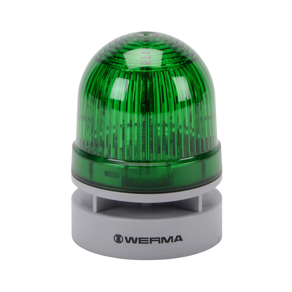46022075 - WERMA EvoSIGNAL Mini TwinFLASH series LED audible-visual signal beacon, 95 dB at 1m, continuous/pulse tone(s), double flash or EVS (Enhanced Visibility System) flashing (random flashing), green, 62mm, 24 VAC/VDC, IP66. Requires mounting...