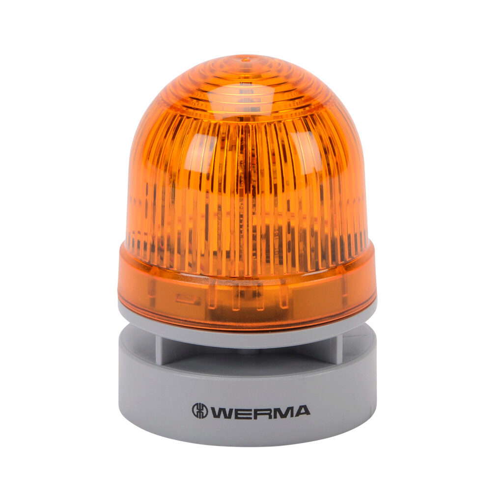 46031060 - WERMA EvoSIGNAL Mini TwinLIGHT series LED audible-visual signal beacon, 95 dB at 1m, continuous/pulse tone(s), permanent or blinking (1 Hz ON for 420ms), yellow, 62mm, 115-230 VAC, IP66. Requires mounting adapter.