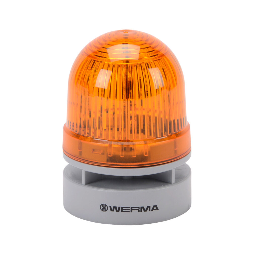 46031074 - WERMA EvoSIGNAL Mini TwinLIGHT series LED audible-visual signal beacon, 95 dB at 1m, continuous/pulse tone(s), permanent or blinking (1 Hz ON for 410ms), yellow, 62mm, 12 VAC/VDC, IP66. Requires mounting adapter.